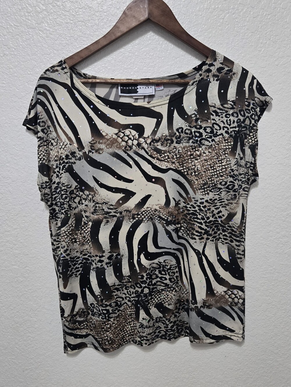 Vintage Rhonda Stark animal print sequin blouse shirt tan black